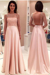 Glamorous Long Sleeve Lace A-line Stain Backless Prom Dresses Evening Dress